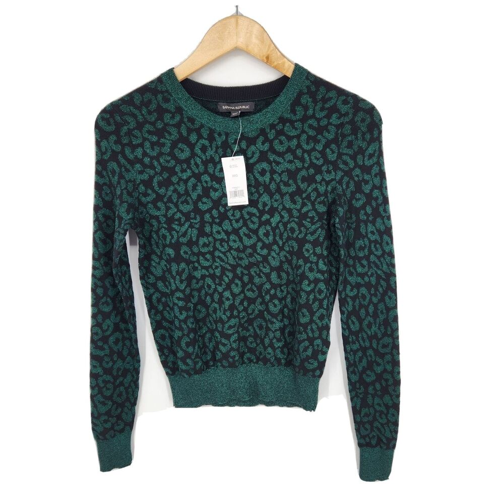 New Banana Republic Womens Sparkly Green Cheetah Print Sweater Size XXS